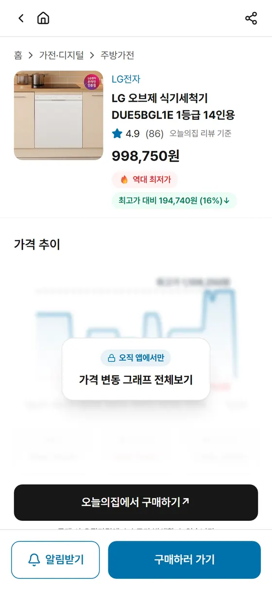 오집가격 상품 상세 화면 — LG 오브제 식기세척기의 현재가와 역대 최저가 배지, 가격 추이 그래프